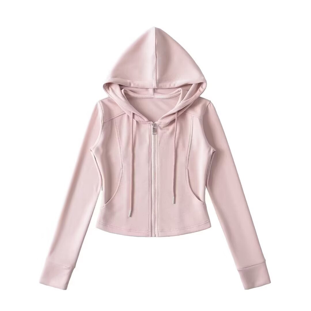 Drawstring hooded zipper long sleeved slim fit hoodie