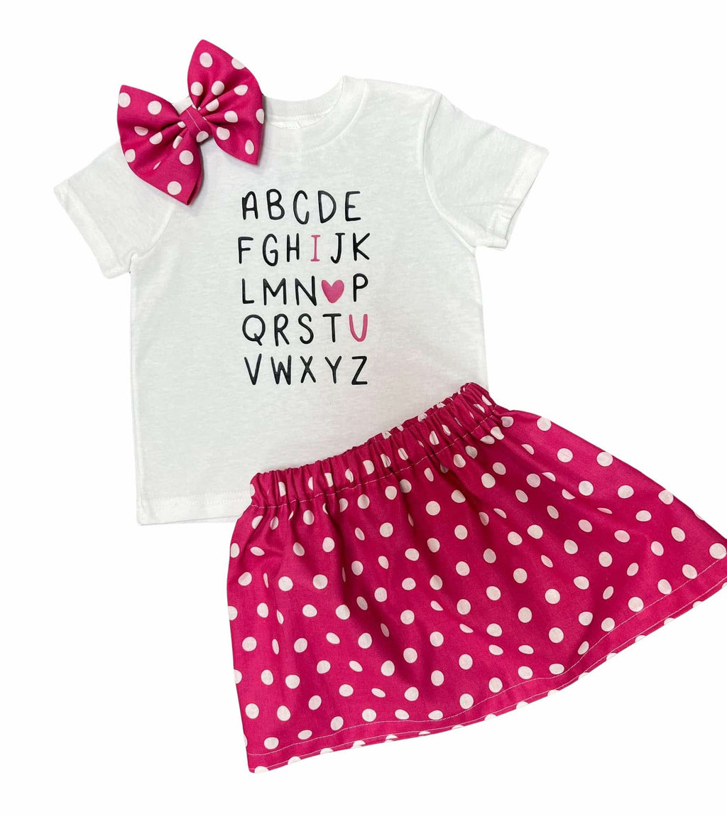 Girl’s Valentine’s Day Outfit – ABC I Love You Shirt, Pink Polka Dot Skirt & Bow Set