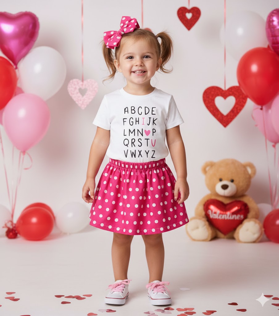 Girl’s Valentine’s Day Outfit – ABC I Love You Shirt, Pink Polka Dot Skirt & Bow Set